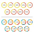 Circle chart set with percentage and pie chart set with 2,3,4,5,6,7,8,9,10 sections, parts or segments. Vector illustration